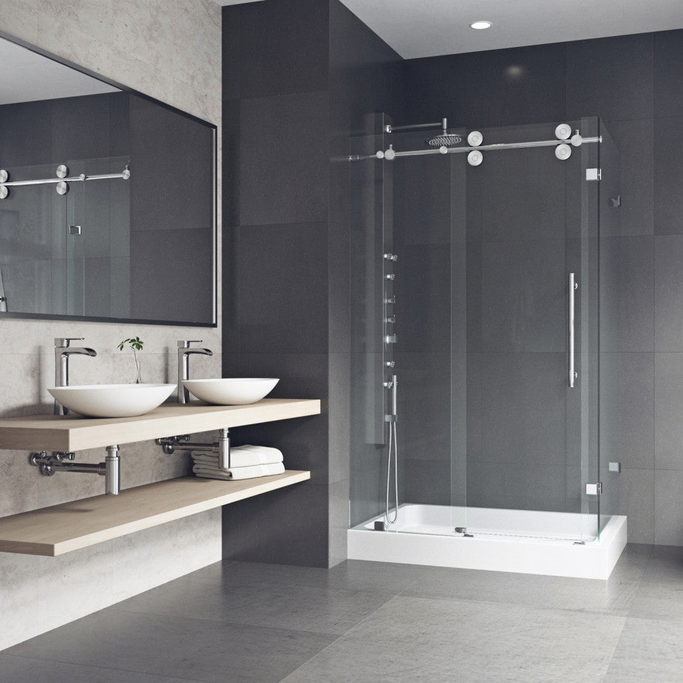 VIGO Winslow Frameless Sliding Shower Enclosure, Chrome, 36" D X 48" W X 80" H, Left Drain Base