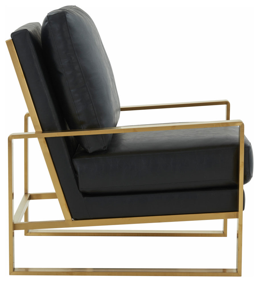 LeisureMod Jefferson Faux Leather Accent Armchair With Gold Frame, Black