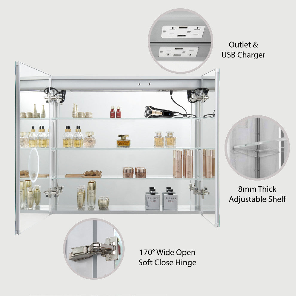 LED Medicine Cabinet With Defog, Dimmer, Makeup Mirror, Outlets, 36x32