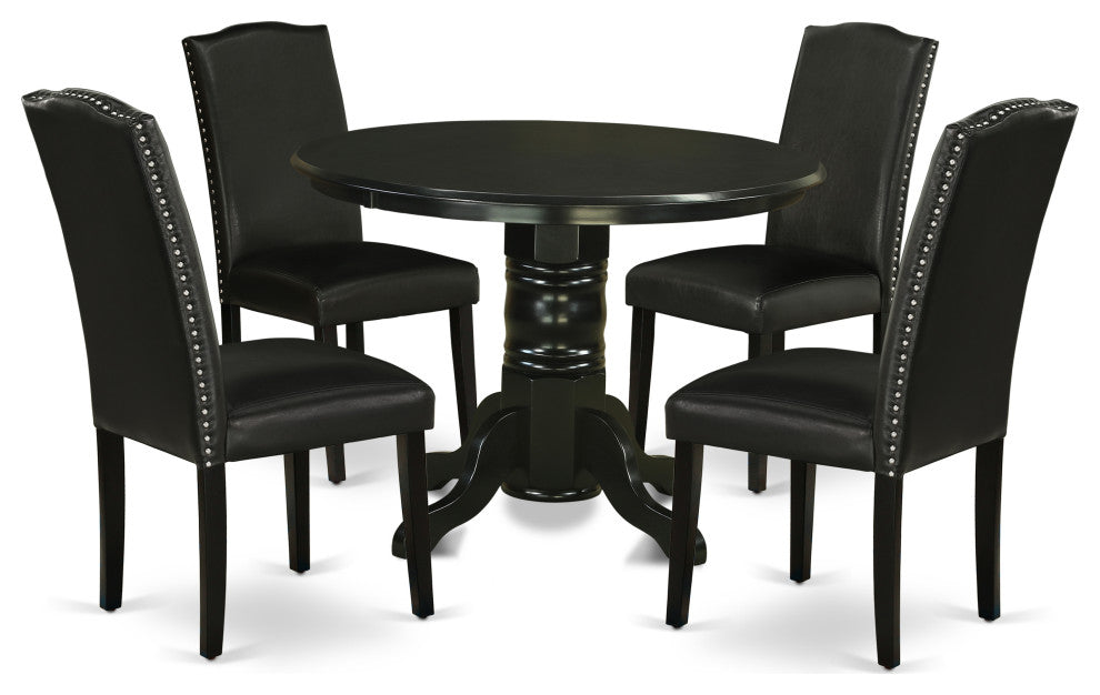 5Pc Rounded 42" Dining Table, Four Parson Chair, Pu Leather Color Black