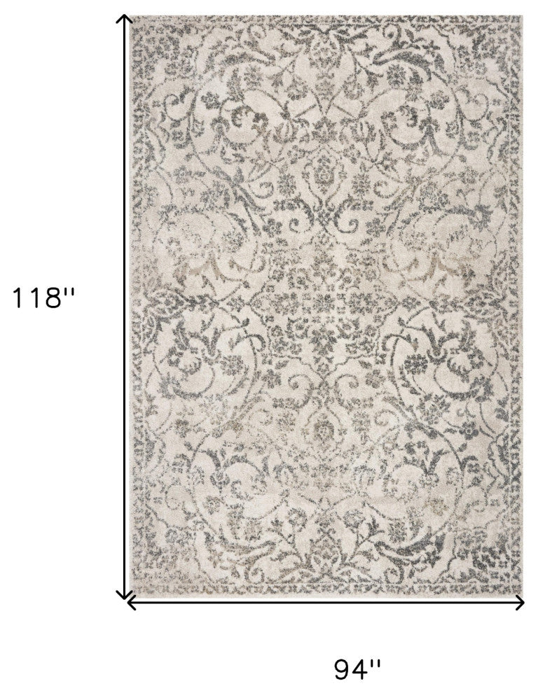 8' X 10' Ivory and Gray Floral Vines Distressed Area Rug
