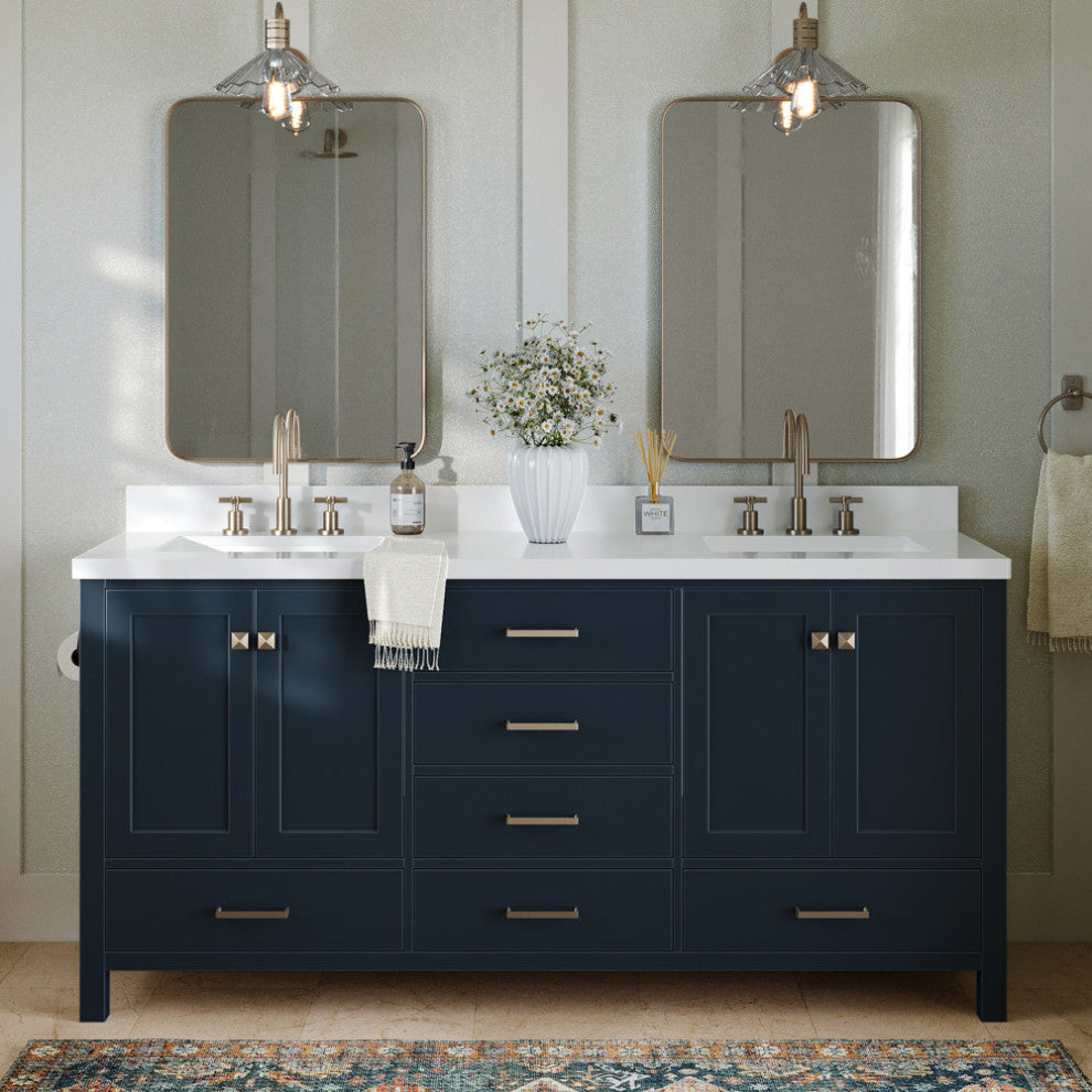 ARIEL Cambridge 73" Double Rectangle Sink Blue Vanity Quartz Top, No Mirror