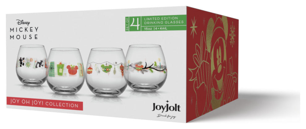 Disney Mickey Mouse Joy O Joy Stemless Wine Glass 15 oz Set of 4