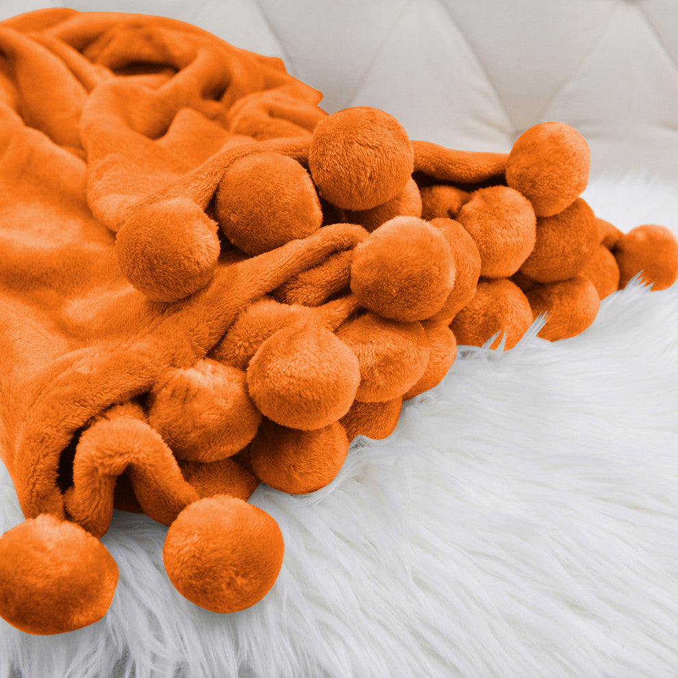 Pom Pom Flannel Fleece Throw Blanket, Burnt Orange, 50" X 60"