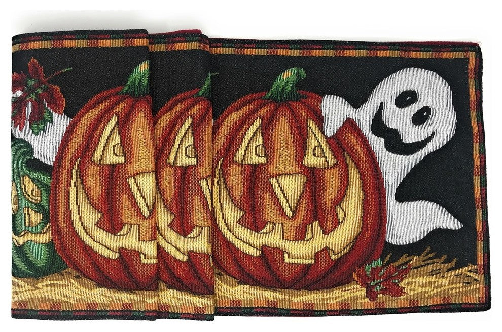 Halloween Pumpkins Ghosts Table Runner, Harvest Orange Tapestry, 13" X 90"