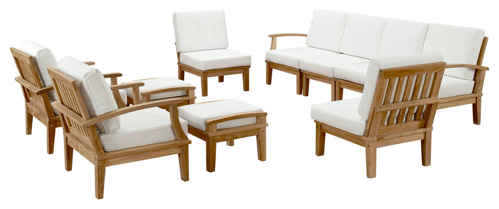 Modern Contemporary 10-Piece Set Outdoor Patio Teak Sofa Set, White Wood