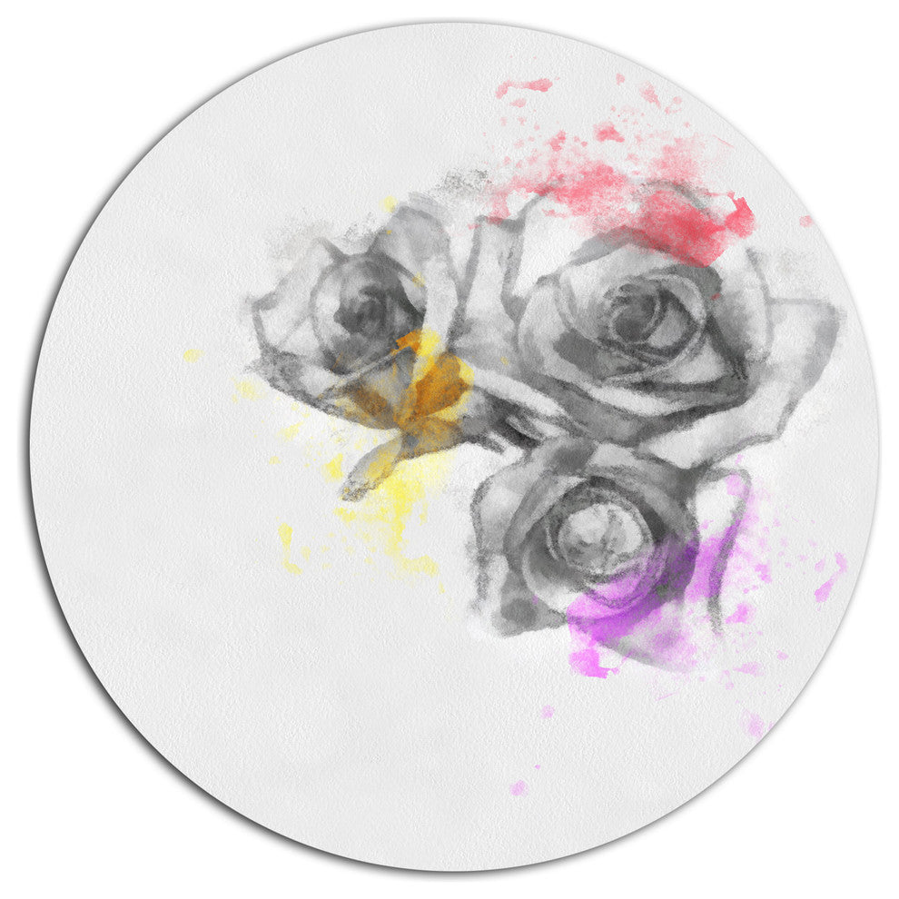 Black White Watercolor Rose Sketch, Floral Round Wall Art, 36"