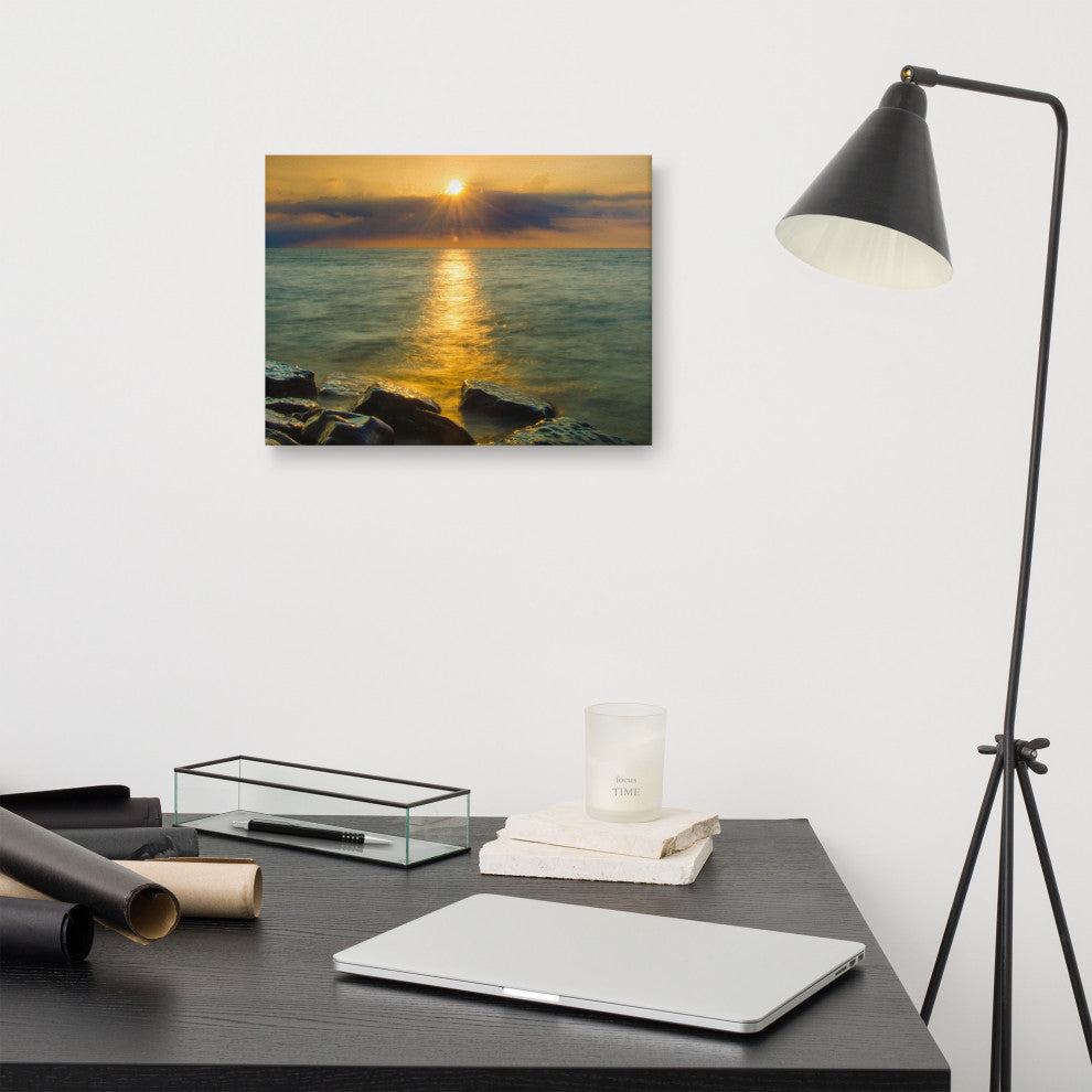 Sunset On Ocean, Sea, Beach Nature Landscape Photo Canvas Print, 12" X 16"