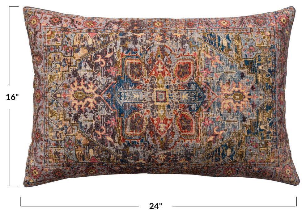 24" Cotton Printed Lumbar Pillow, Pattern, Chambray Back, Multicolored