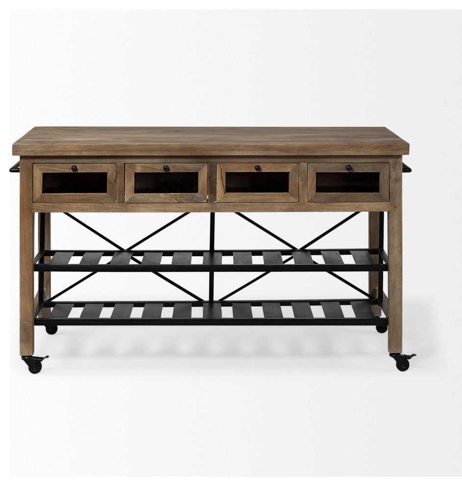 Brown Solid Wood Top Kitchen Island With Two Tier Black Metal Rolling