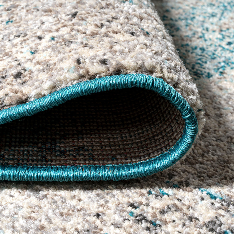 Contemporary POP Modern Abstract Vintage Area Rug, Cream/Turquoise, 2 X 8
