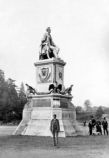 Man Standing in Front of Lincoln Statue, Philadelphia, PA