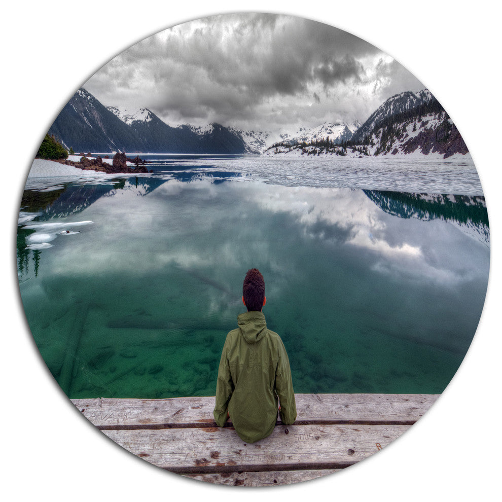 Boy Looking At Clear Mountain Lake, Landscape Round Wall Art, 23"