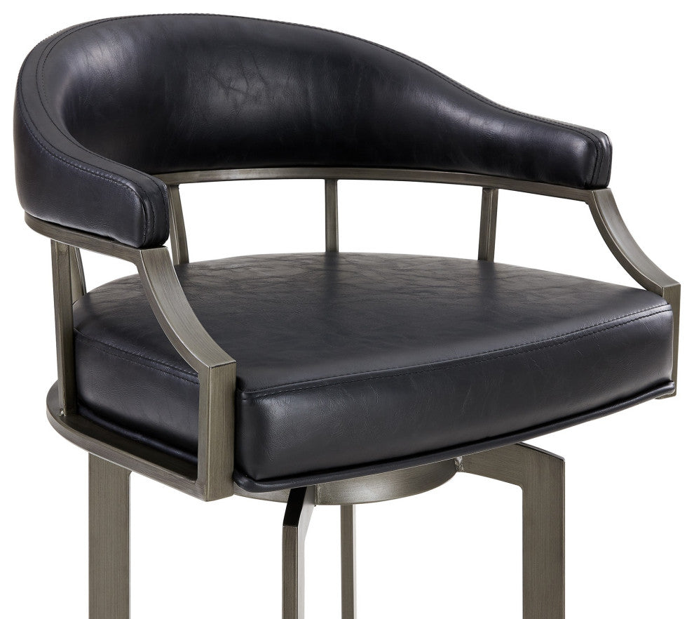 Benzara BM282701 Blake 30" Vegan Leather Bar Stool, Swivel, Metal Legs, Black