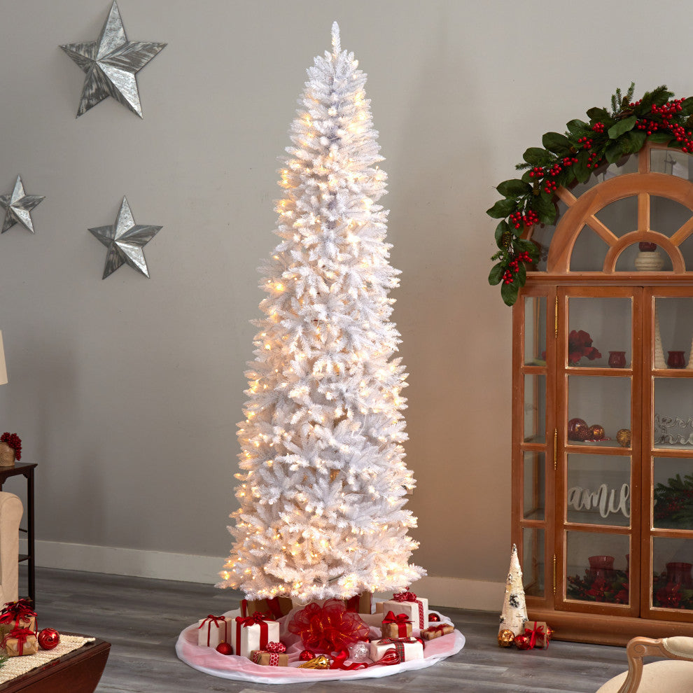 9' Slim White Artificial Christmas Tree With 600 White LED Lights/1860 Branches