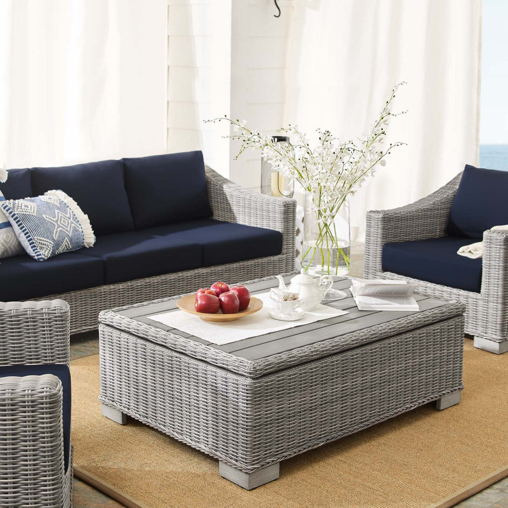Lounge Sofa Chair Table Set, Rattan, Wicker, Gray Blue Navy, Outdoor