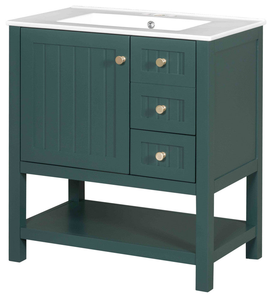 30 Inch Transitional Style Bathroom Vanity Cabinet Combo with Ceramic Sink, Green