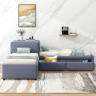 Gewnee L-shaped Platform Beds with Twin Size Trundle in Gray