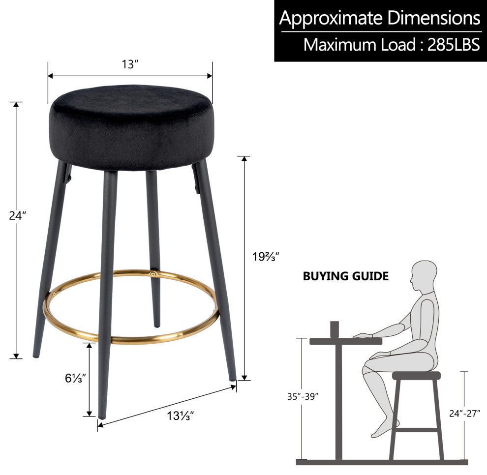 Minimalist Round Bar Stools, Black Velvet - 2 Pcs, 24 Inch