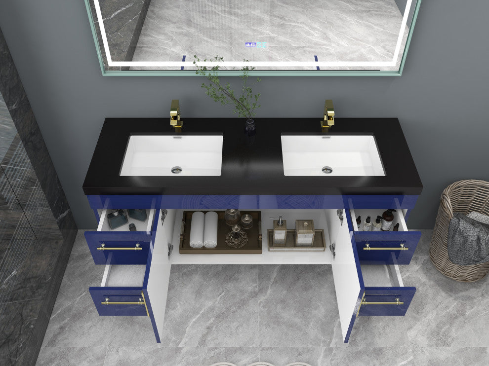 Rosa 60" Wall Mounted Modern Vanity, High Gloss Night Blue, Matt Black Top