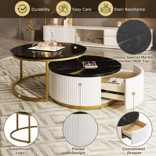 Gewnee Modern Round Nesting Coffee Table Fluted, Black