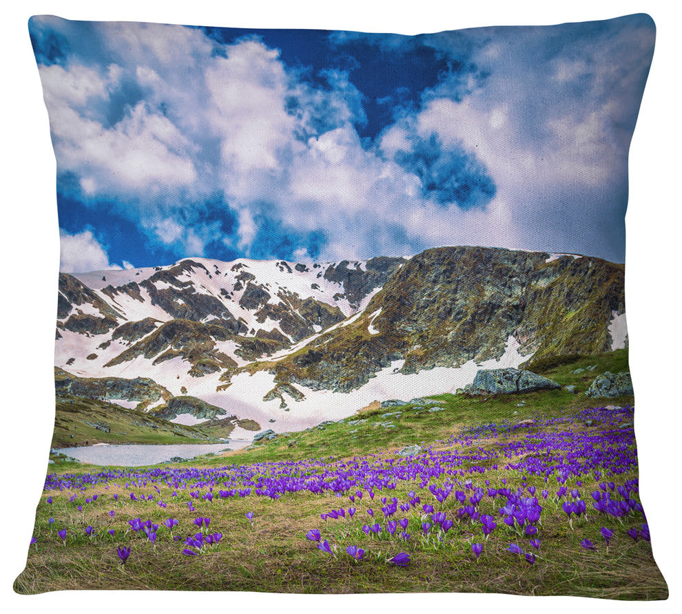 Spring Blooming Crocus Flowers Landscape Printed Throw Pillow, 16"x16"
