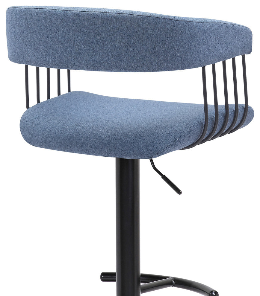 Calista Adjustable Bar Stool, Blue Fabric With Black Metal, Blue