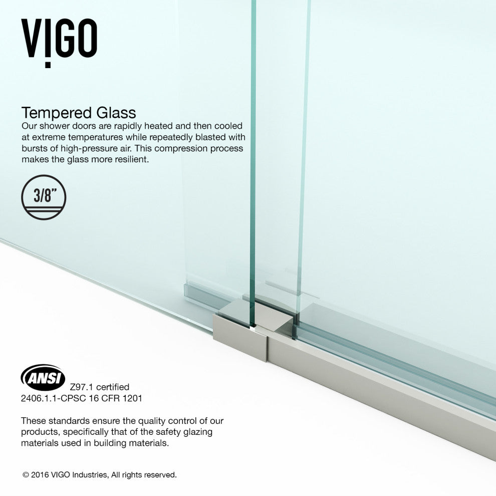 VIGO Luca 56" to 60" W x 79" H Frameless Sliding Shower Door, Stainless Steel, Clear Glass