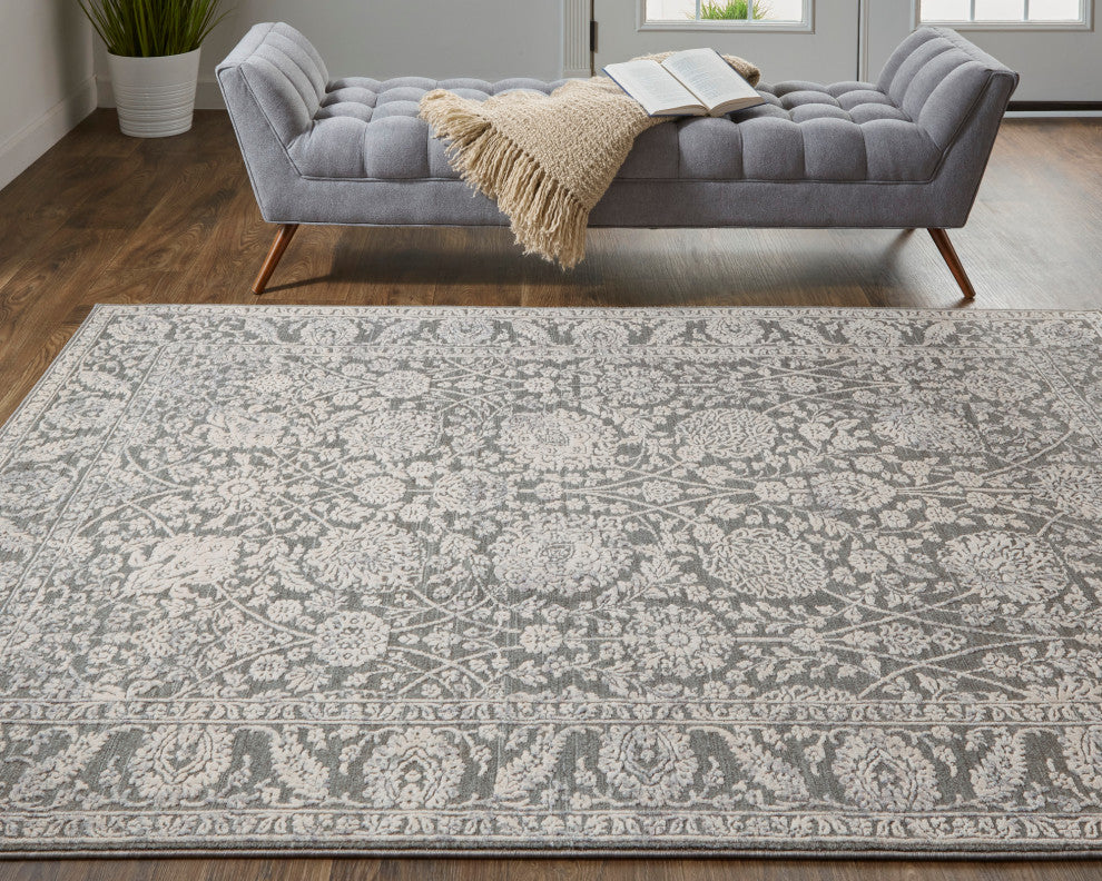 Weave & Wander Sybil Transitional Oriental Style Rug, Charcoal/Bone White, 9' X