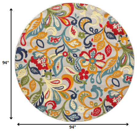 8" Round Multicolor Jacobean Floral Indoor Outdoor Area Rug