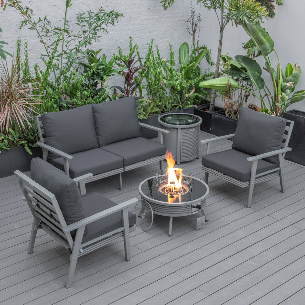 LeisureMod Walbrooke Patio Sofa Set With Round Fire Pit Table, Charcoal