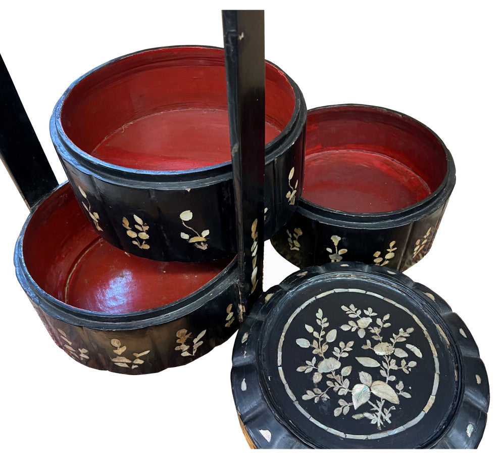 Chinese Vintage Distressed Black Lacquer MOP Inlay Basket, Hws2218