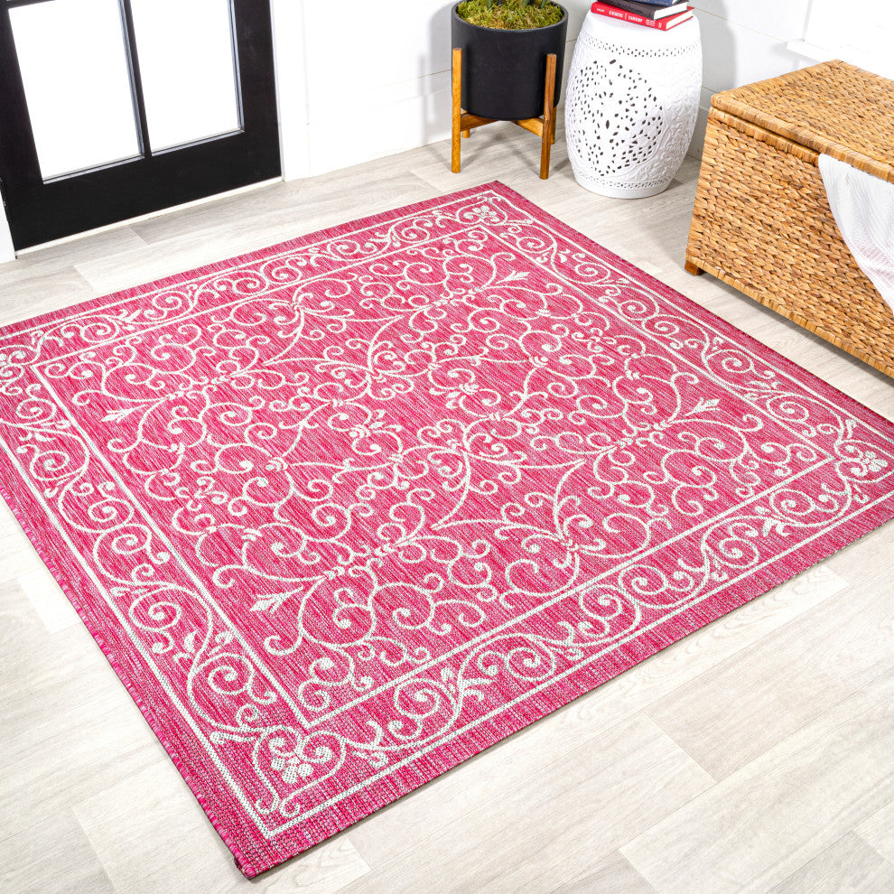Charleston Filigree Textured Weave Indoor/Outdoor, Fuchsia/Light Gray, 5' Square