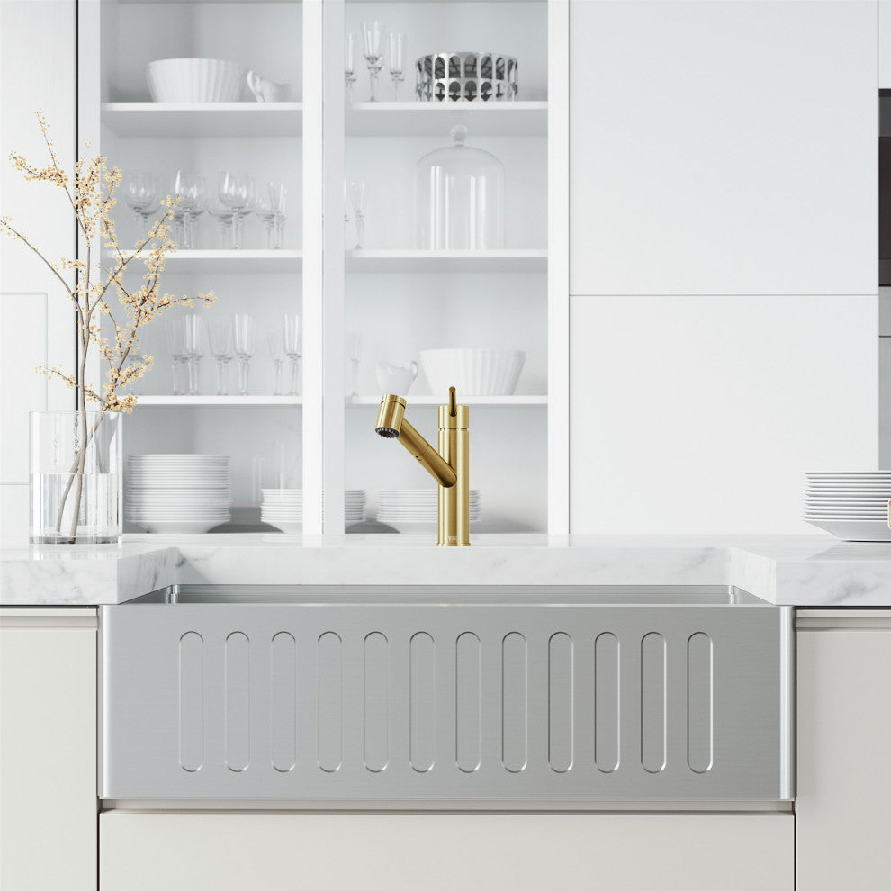 VIGO Branson 9" H Single Handle Pull-Out Sprayer Kitchen Faucet, Matte Brushed Gold, Without Extras