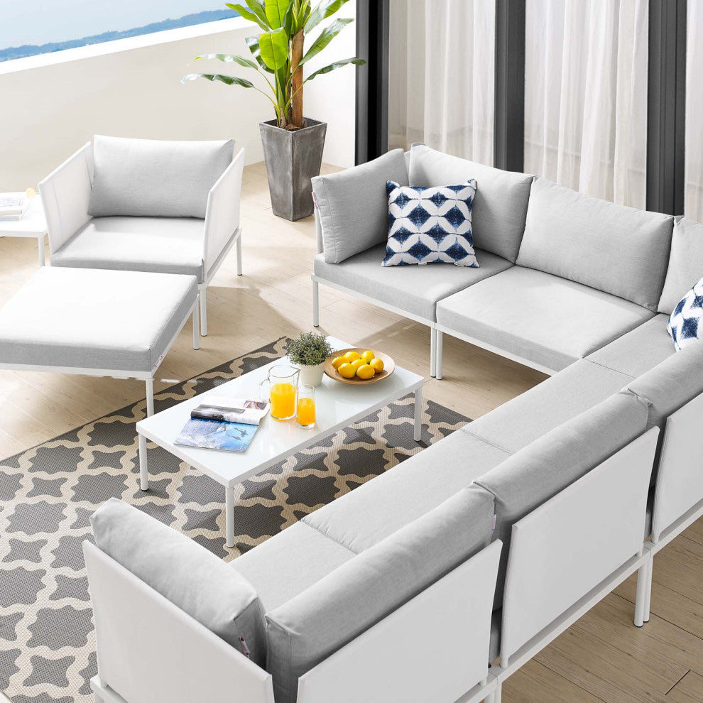 Sectional Sofa Chair Table Set, Sunbrella, Aluminum, White Gray, Outdoor