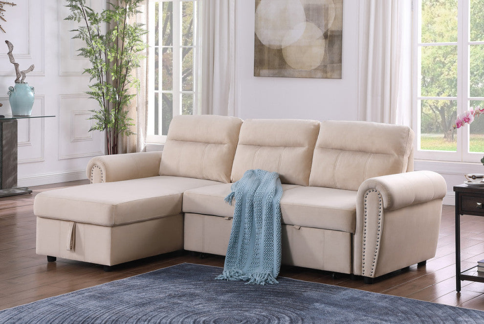 Ashton Velvet Fabric Reversible Sleeper Sectional Sofa Chaise, Beige