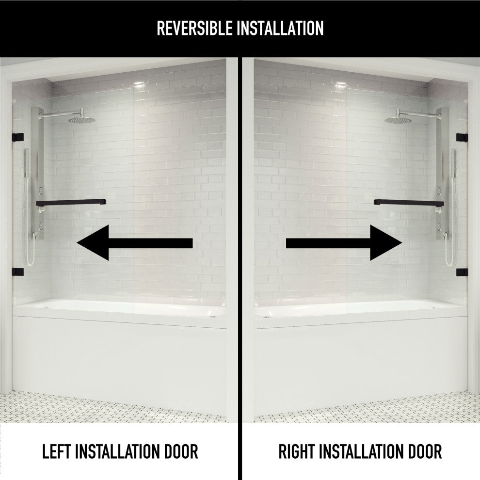 VIGO Rialto 34" W x 58" H Frameless Hinged Tub Door, Matte Black, Clear Glass