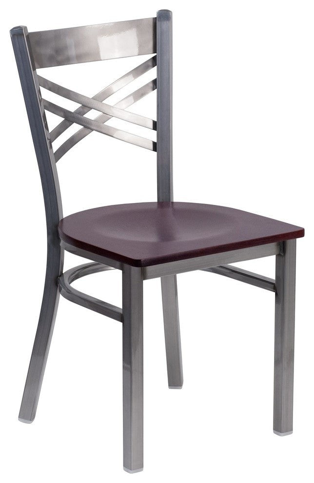 Clear Metal Restaurant Chair, Mahogany Wood Seat/Clear Coated Metal Frame