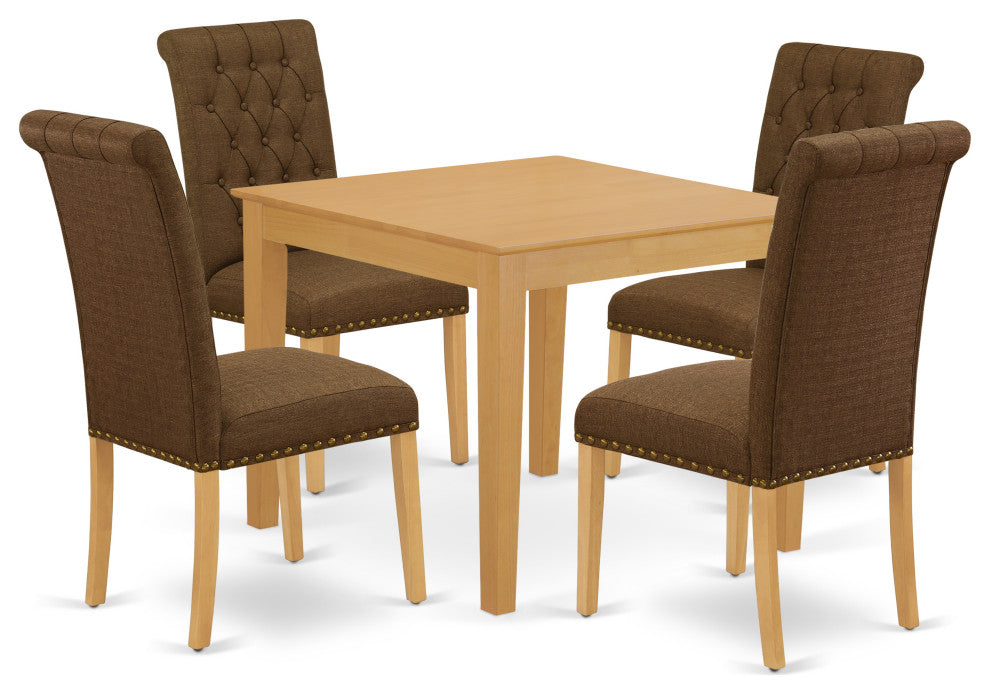 5Pc Dining Set, Square Table, Four Chairs, Dark Coffee Fabric, Oak Finish