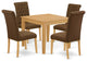 5Pc Dining Set, Square Table, Four Chairs, Dark Coffee Fabric, Oak Finish