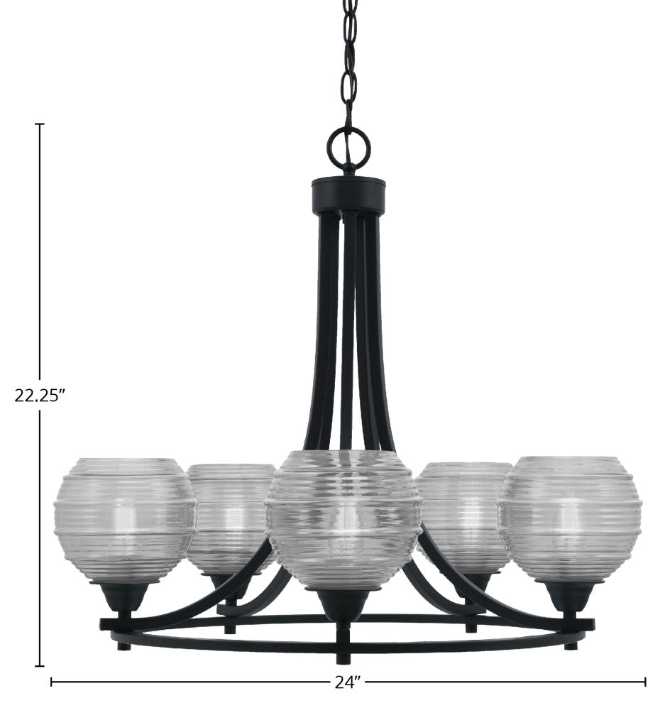Paramount 5-Light Chandelier, Matte Black, 6" Clear Ribbed Glass
