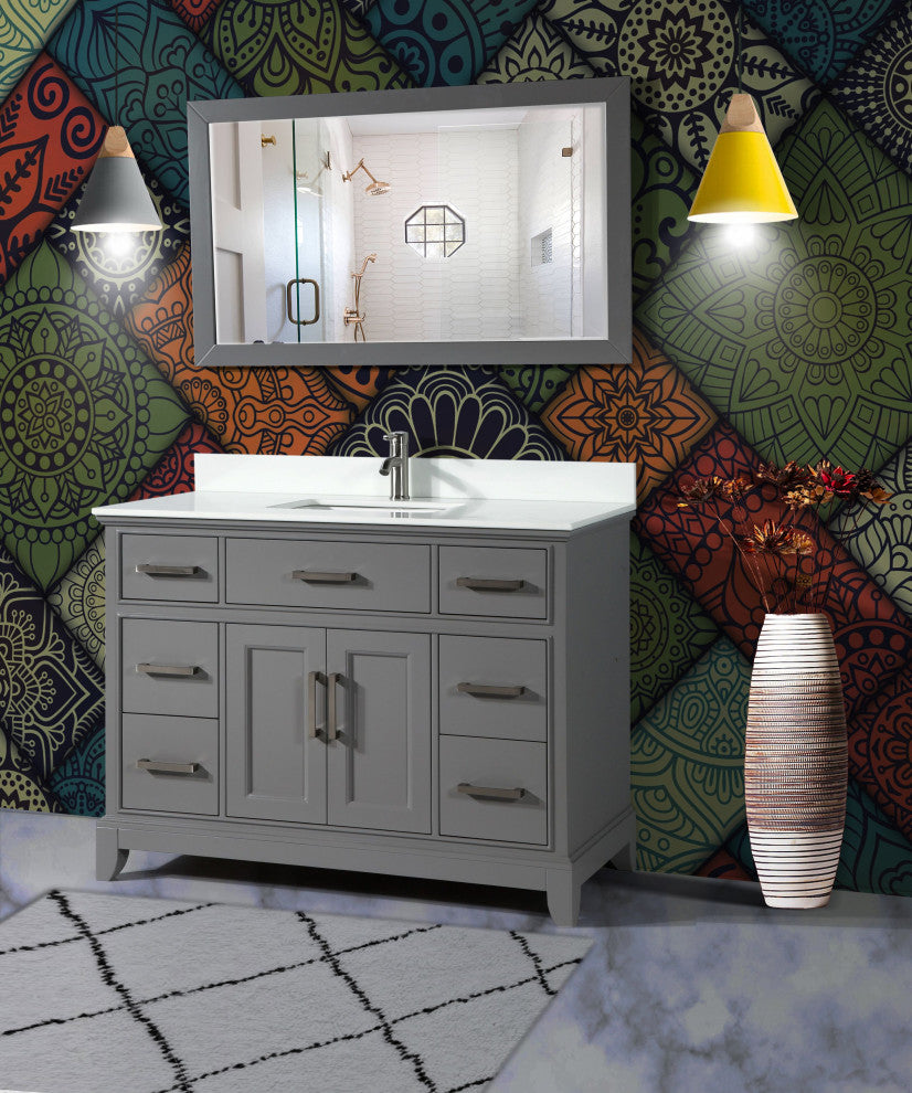 Bathroom Vanity Set With Engineered Marble Top, 48", Gray, Led Sensor-Switch Mirror
