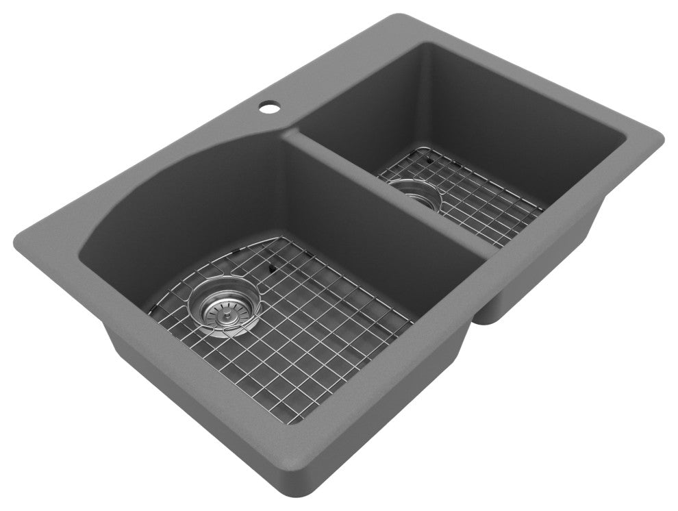 Karran Drop-In Quartz 33" 1-Hole 60/40 Double Bowl Sink Kit, Grey