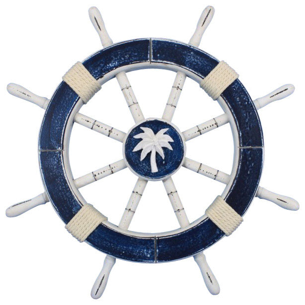 Rustic Decorative Ships Wheel With Palm Tree, Dark Blue, 18"