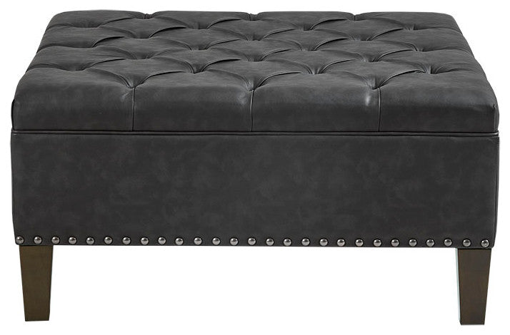Madison Park Leathered Tufted Square Ottoman, Charcoal Grey