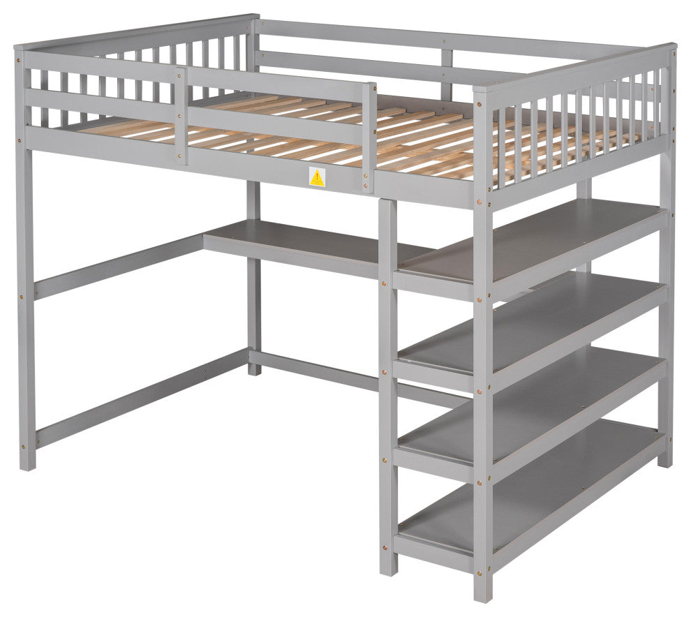 Gewnee Full Size Loft Bed with Storage Shelves and Under-bed Desk