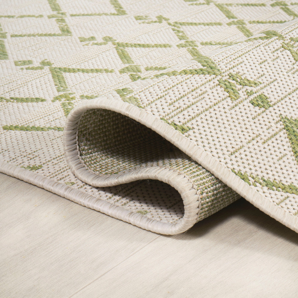 Ourika Moroccan Geometric Indoor/Outdoor Rug, Cream/Green, 5' Square