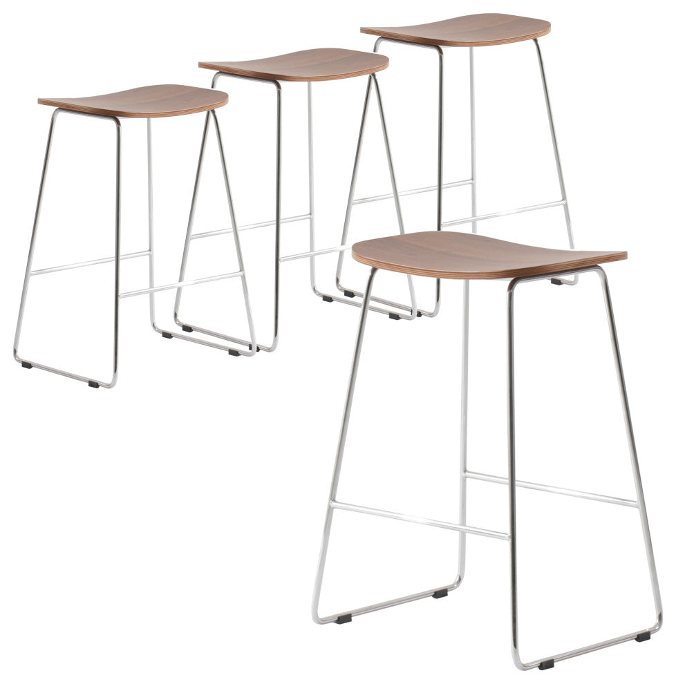 LeisureMod Melrose Modern Wood Counter Stool With Chrome Base Set of 4, Walnut
