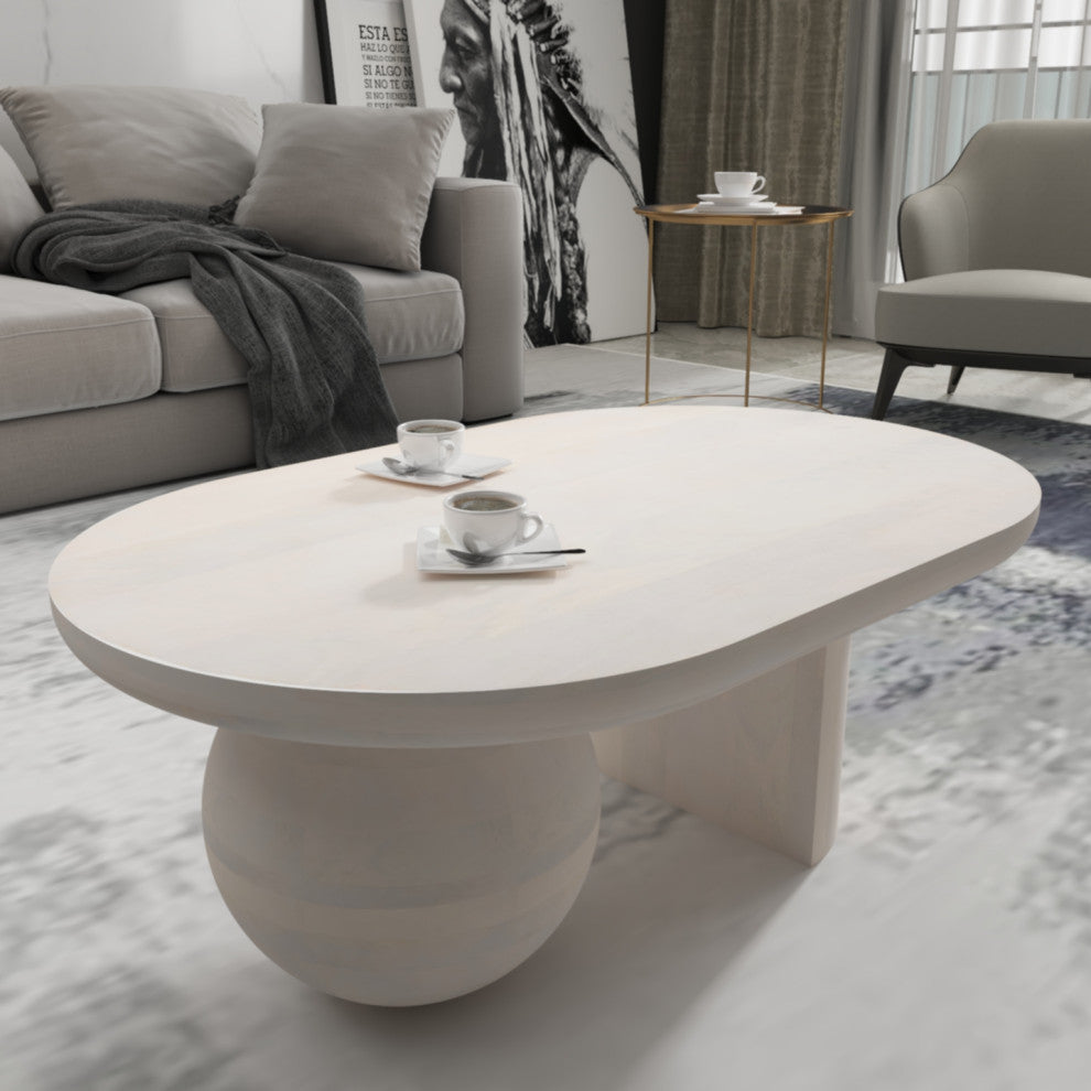 38" Coffee Table Oblong Mango Wood Top With a Modern Ball Leg Washed White