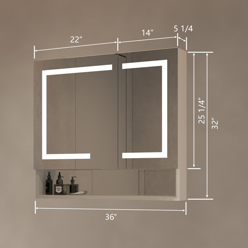 Aluminum Surface/Recessed Mount Medicine Cabinet with Mirror, Outlet and Lights, Sliver, 36" X32" in
